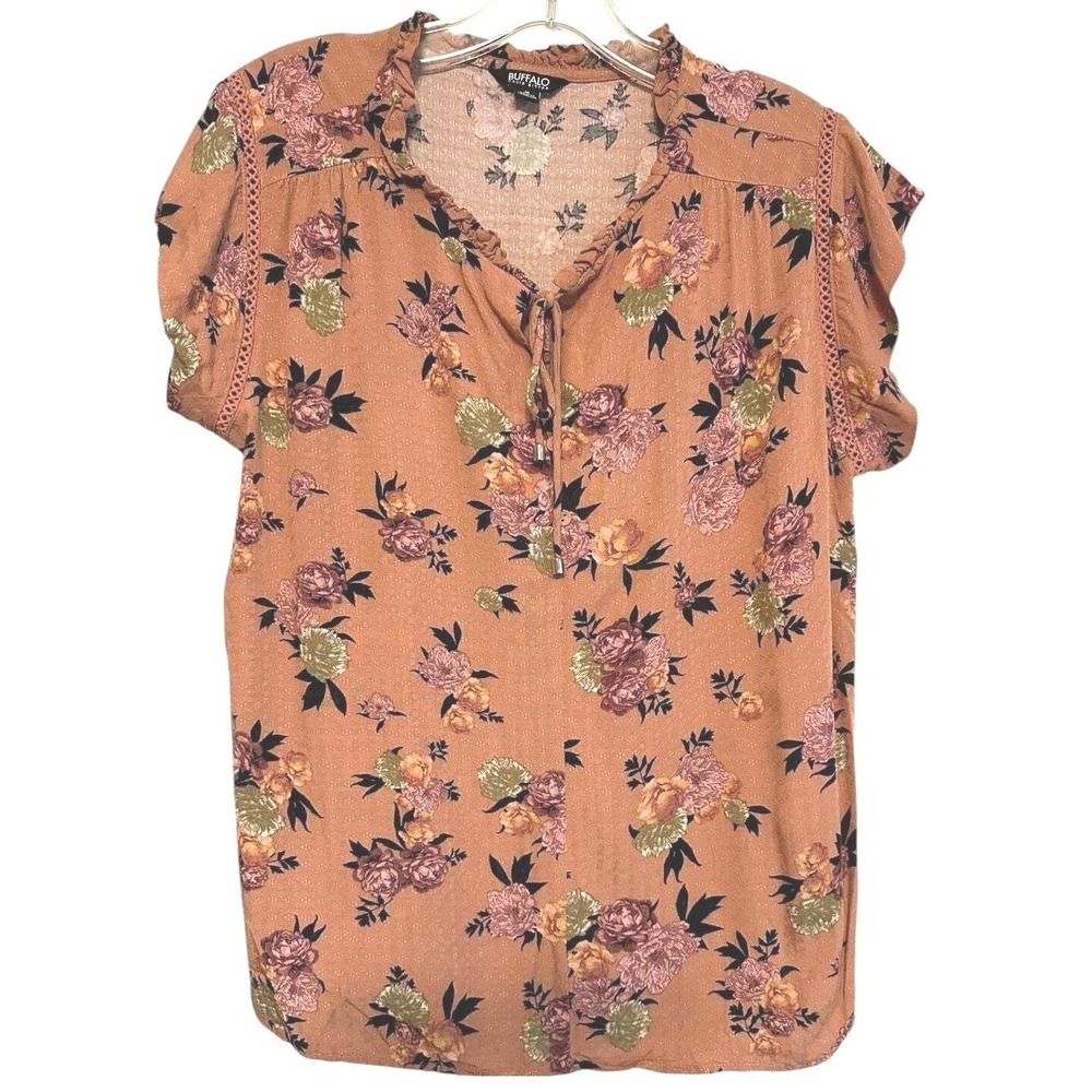 Buffalo David Bitton Blouse Ruffle Neck Orange Floral Romantic Cottagecore M